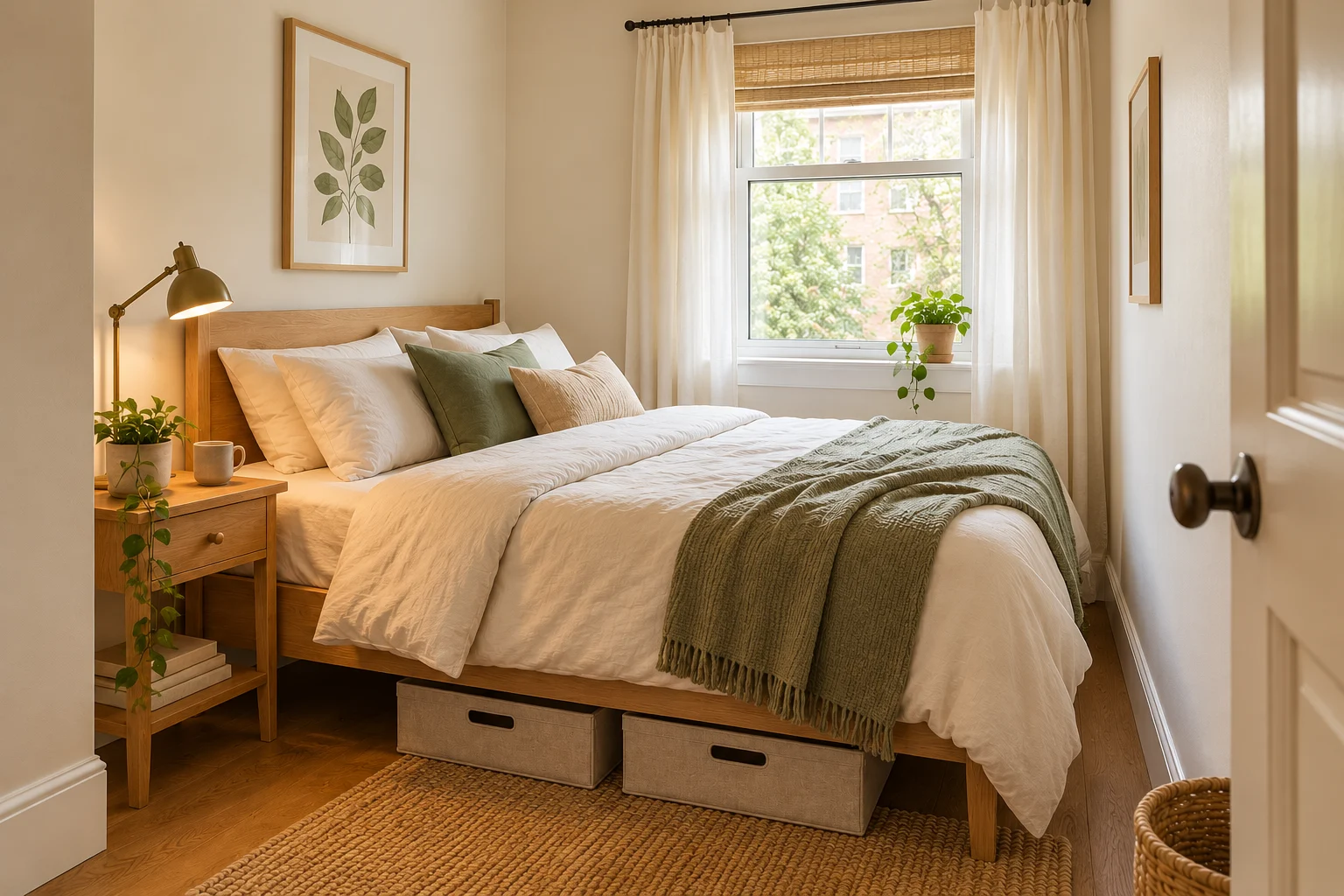 AI-generated small bedroom with light bedding and a compact layout