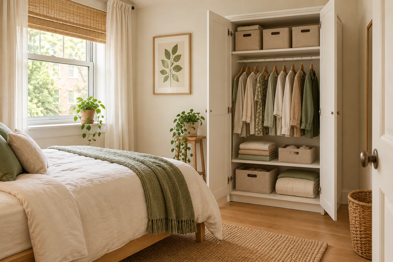 Grouped clothing and separate containers make wardrobe storage easier to use. AI-generated decor concept.