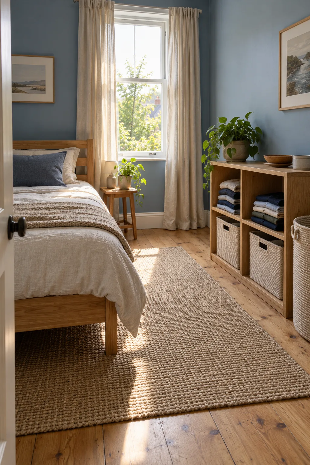 AI-generated interior concept: Single bedroom with a low four-cubby wooden shelf holding folded clothes and woven baskets opposite the bed.