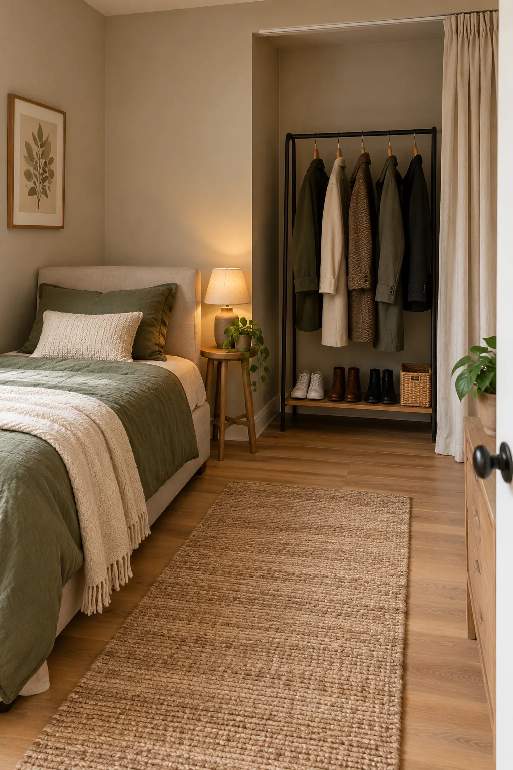 AI-generated interior concept: Bedroom with a recessed clothing rail and low shoe shelf behind an open linen curtain, with a single bed outside the recess.
