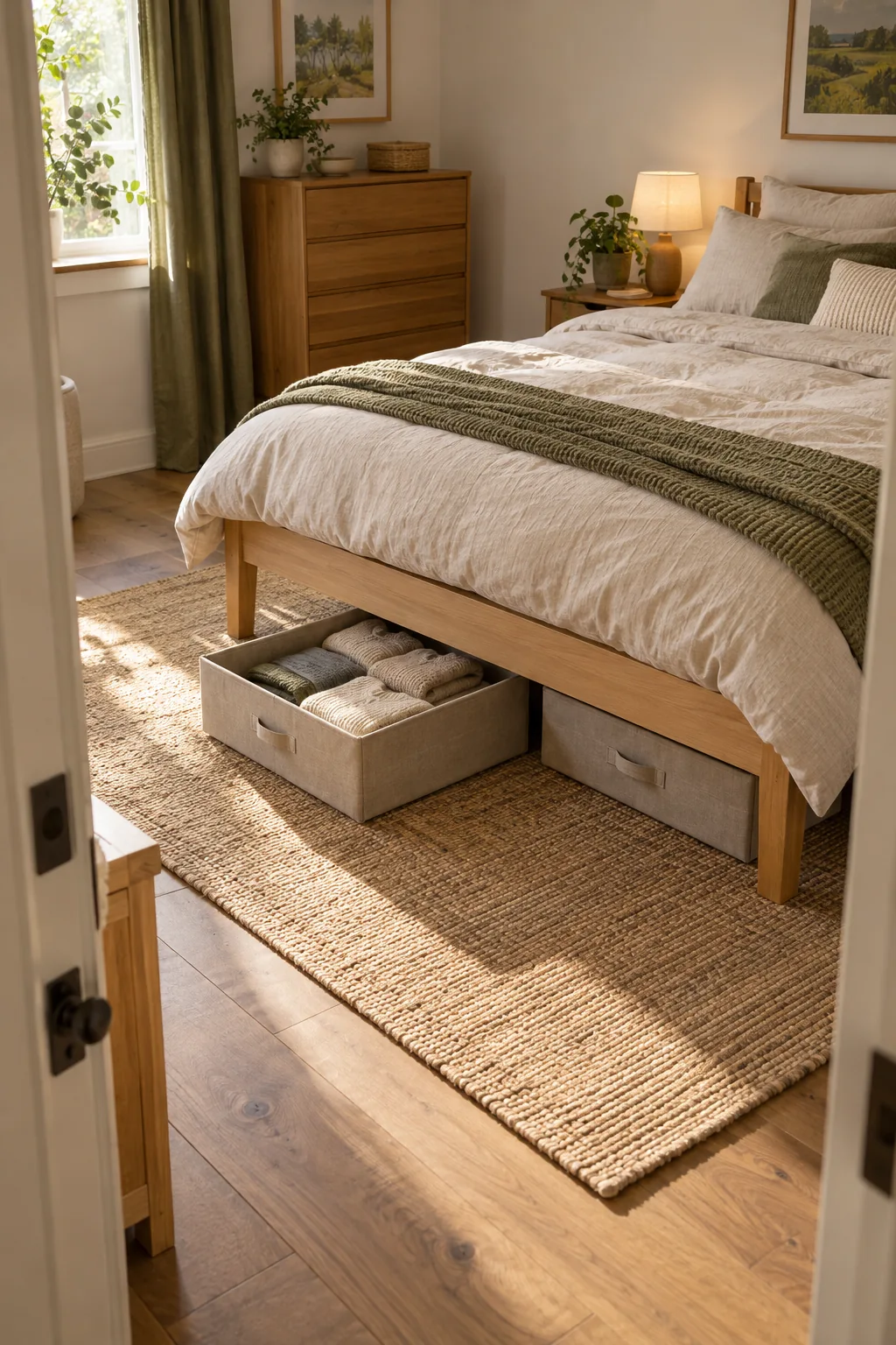 AI-generated interior concept: Small bedroom with a raised timber bed and two low clothes-storage boxes, one pulled out showing folded clean clothes.