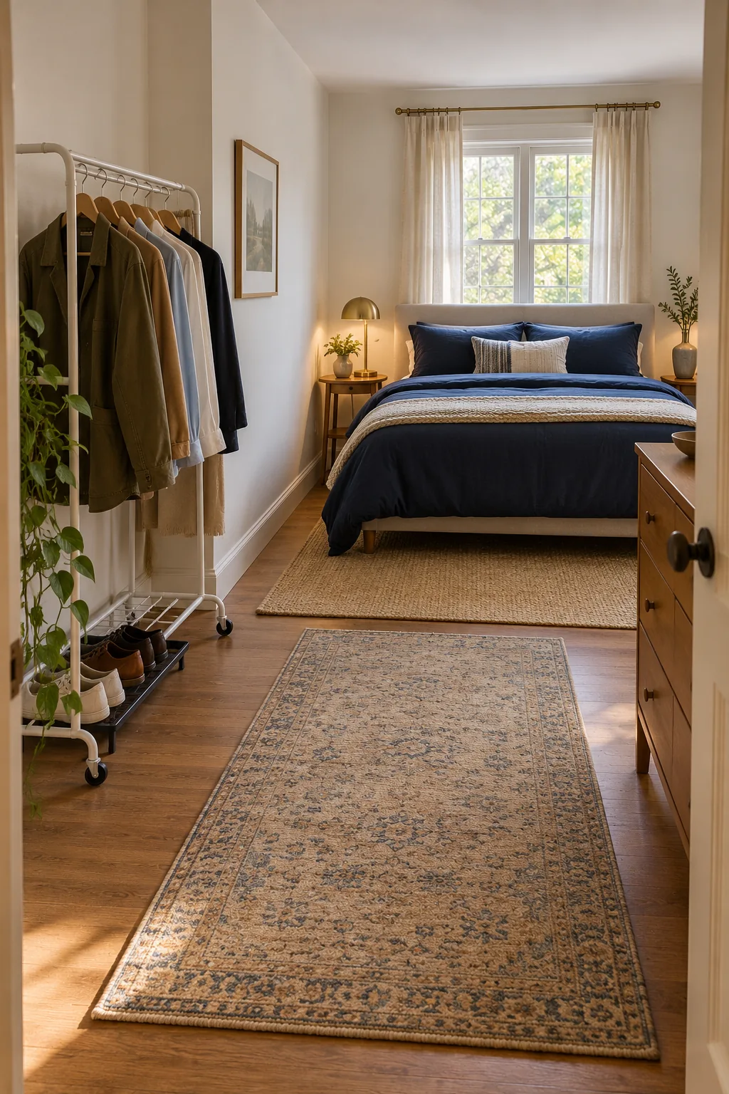 AI-generated interior concept: Long bedroom with a wheeled clothing rack parked beside a low shoe tray and a bed along a separate wall.