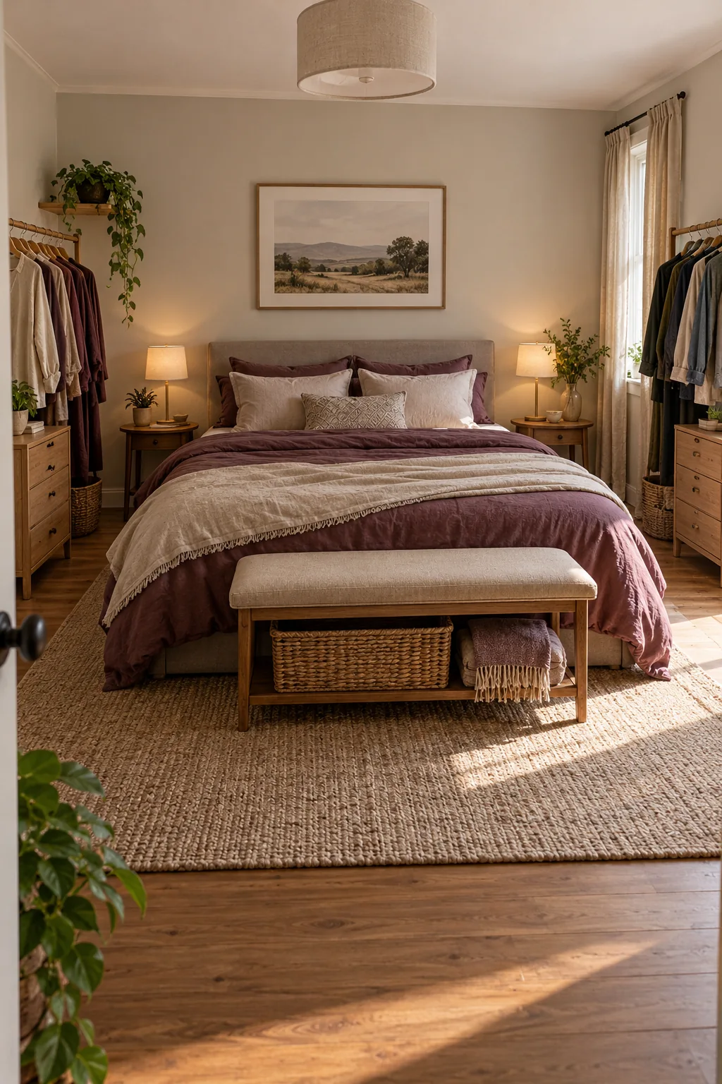 AI-generated interior concept: Double bedroom with separate hanging-clothes rails and drawer units on each side, a central bed and a low bench.