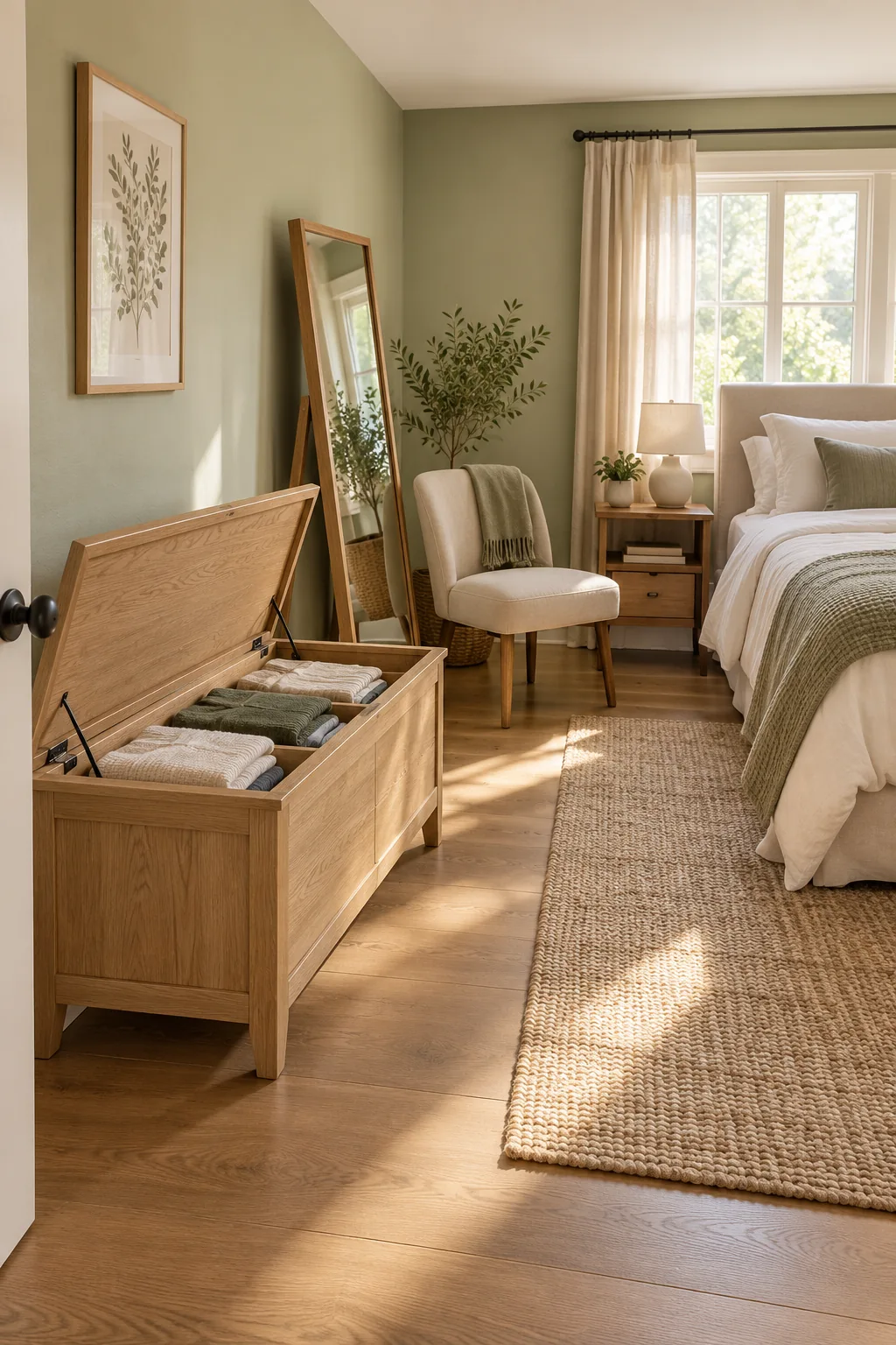 AI-generated interior concept: Bedroom with a separate low storage bench near a dressing seat, open lid showing folded clothes and a simple side-wall bed.