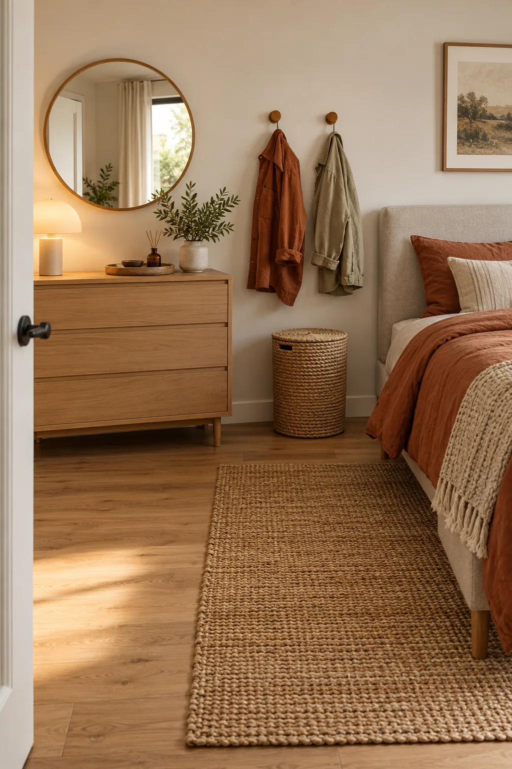 AI-generated interior concept: Bedroom with a shallow chest, two wall-fixed hooks holding a shirt and jacket, and a separate hamper.