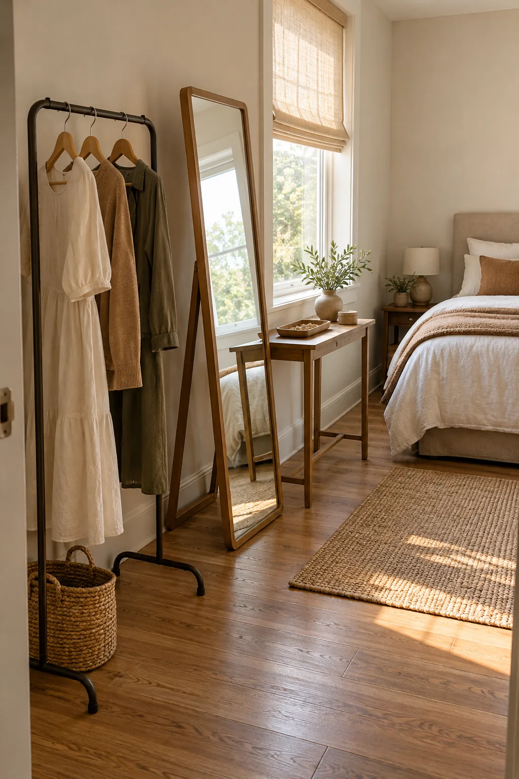 AI-generated interior concept: Bedroom corner with a compact freestanding hanging rail, fully supported standing mirror and a narrow accessories table.