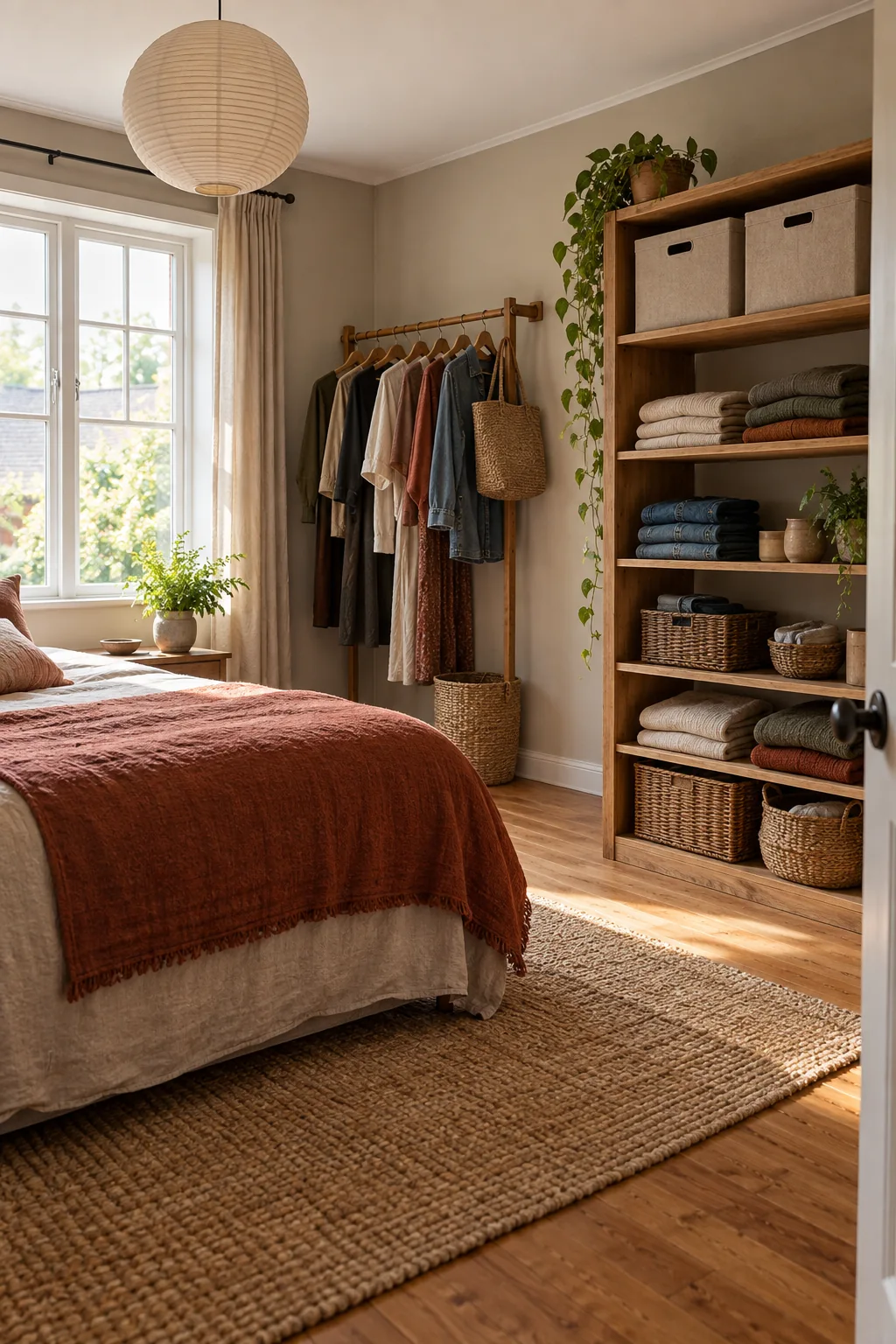 AI-generated interior concept: Bedroom with open wooden shelves holding folded clothes, baskets and closed upper boxes, plus a separate hanging rail.