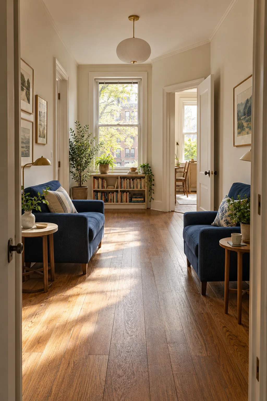 AI-generated interior concept: Long living room with two facing upright armchairs, small side tables and an uninterrupted route between two doors.