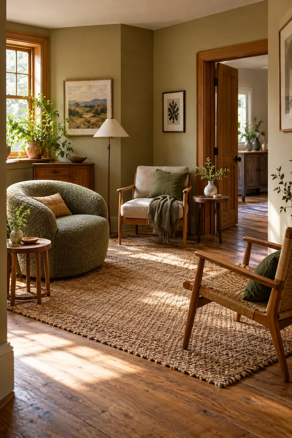 AI-generated interior concept: Three different lounge chairs in a loose triangle, with small separate side tables, a window and an open doorway.