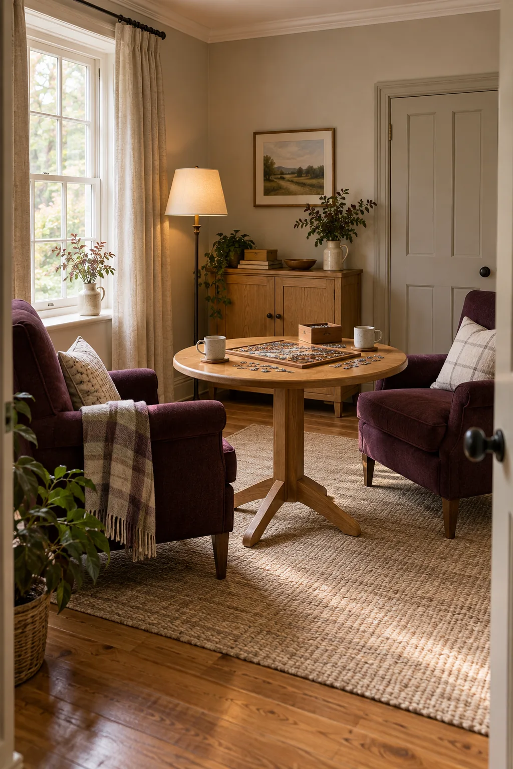 AI-generated interior concept: Living room with two upholstered upright chairs facing a round games table, a compact cabinet and a reading light.