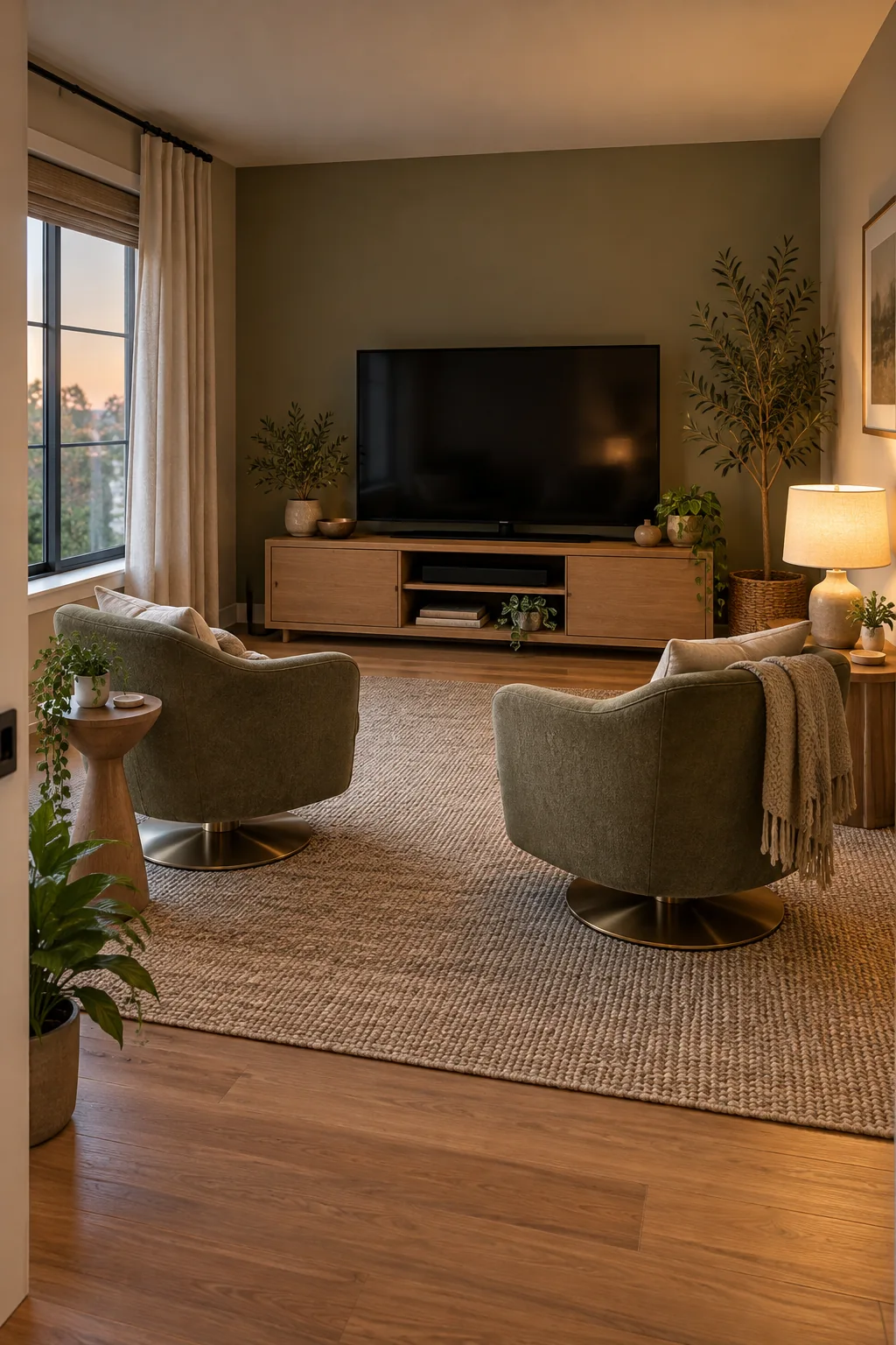 AI-generated interior concept: Living room with two upholstered swivel lounge chairs, a TV on a purpose-built low stand and two reachable side tables.