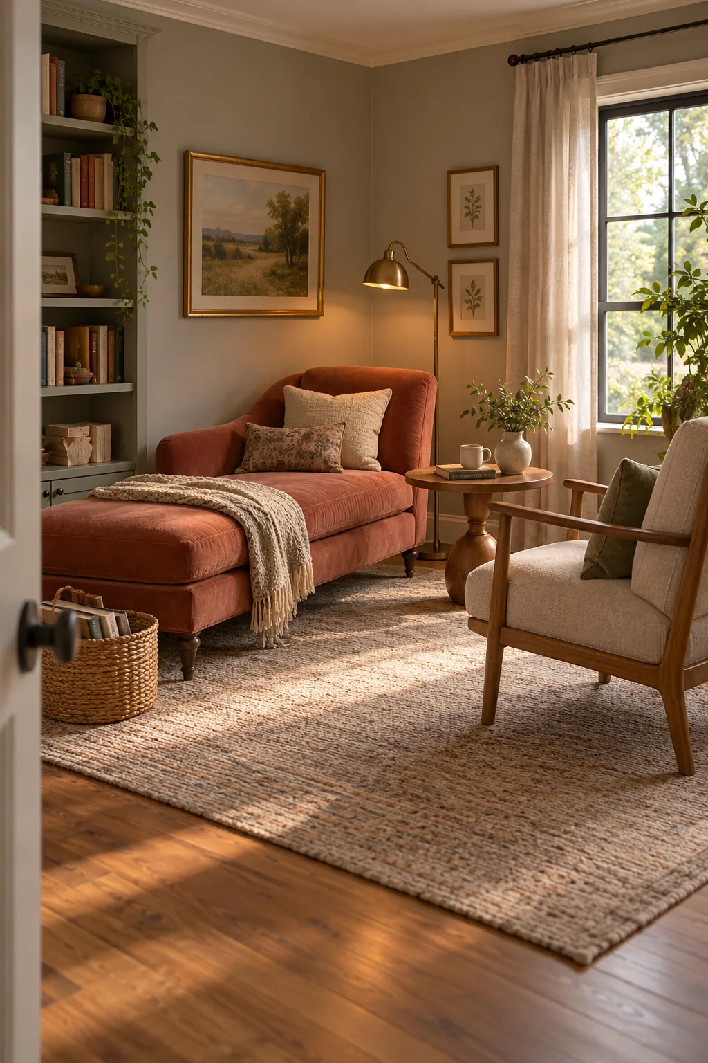 AI-generated interior concept: Compact lounge with one freestanding single chaise, a separate upright armchair and a small reachable table.