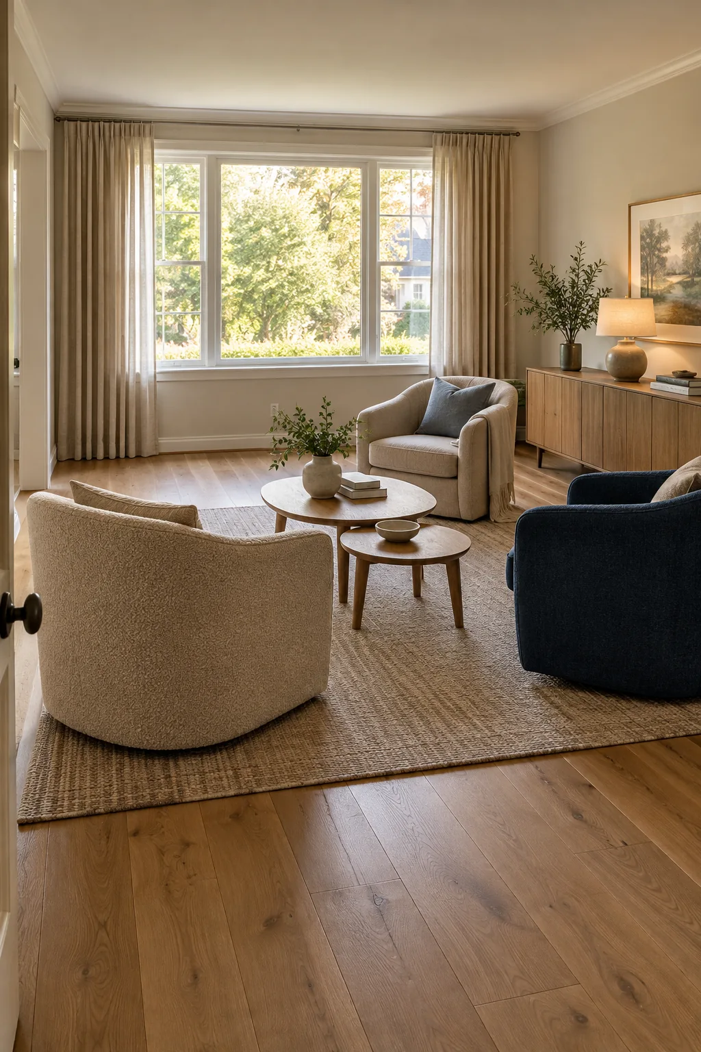 AI-generated interior concept: Living room with three compact chairs grouped away from a full window wall and small tables close to each seat.