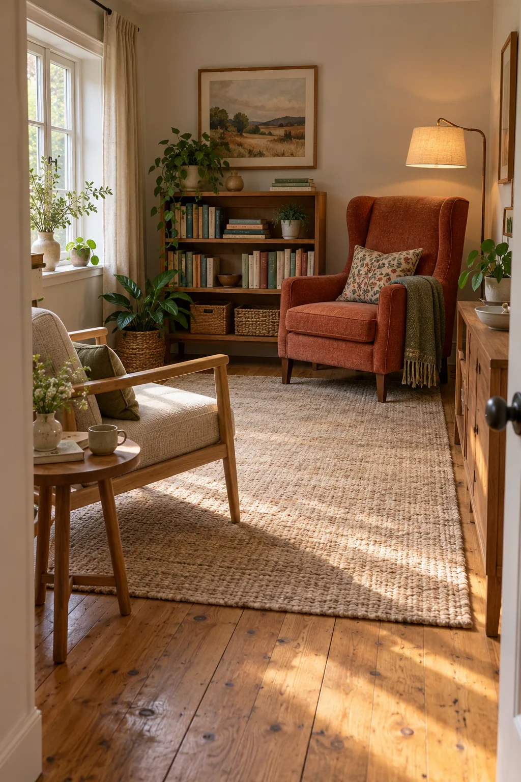 AI-generated interior concept: Living room with a supportive high-back reading chair, lower guest chair, stable lamp and book storage beside the daily seat.