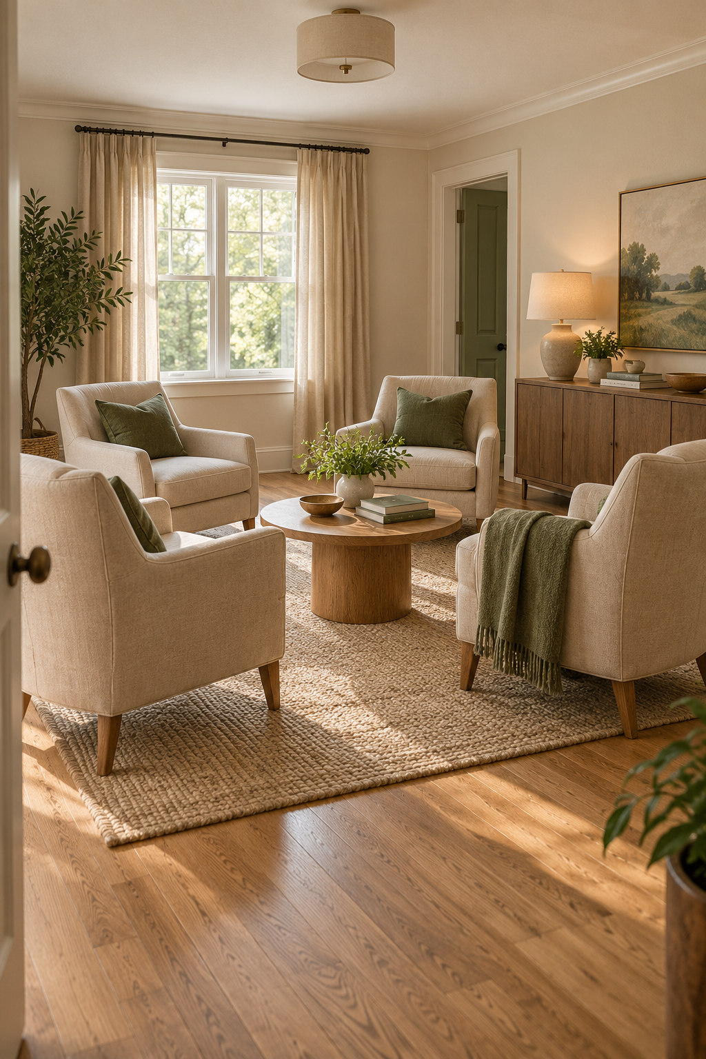 AI-generated interior concept: Living room with four compact upholstered chairs around a round table, a low cabinet and a clear side route.