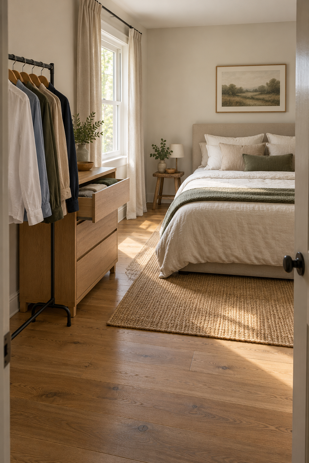 AI-generated interior concept: Bedroom with a compact freestanding black clothes rail beside a low oak chest, a bed along the opposite wall and a visible aisle.