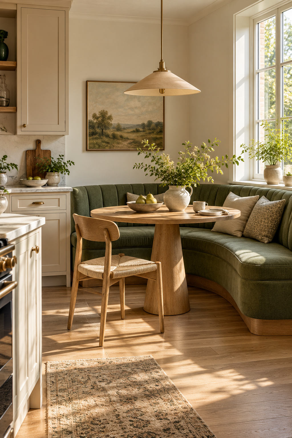 AI-generated kitchen breakfast corner with a curved green banquette, round table and one loose chair.