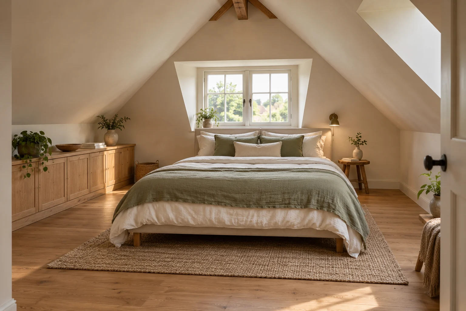 AI-generated interior concept: Ivory double bed in the taller centre of an attic bedroom, separate low oak eaves cupboards and a dormer window.