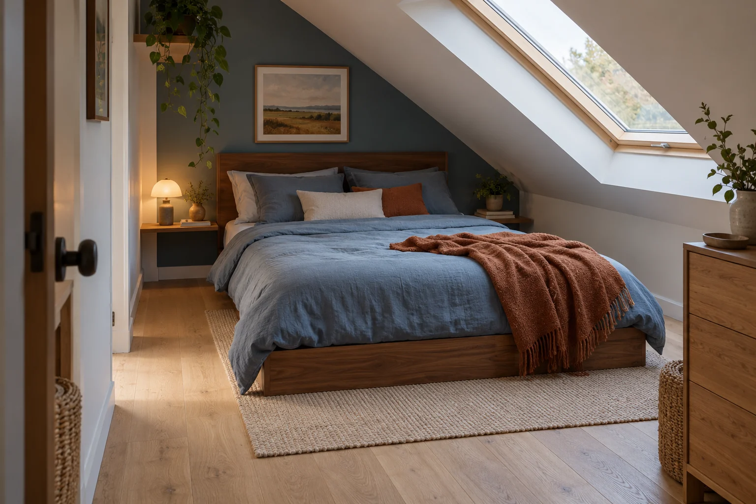 AI-generated interior concept: Walnut double bed against a tall end wall, blue linen and a rooflight along the adjacent sloping ceiling.