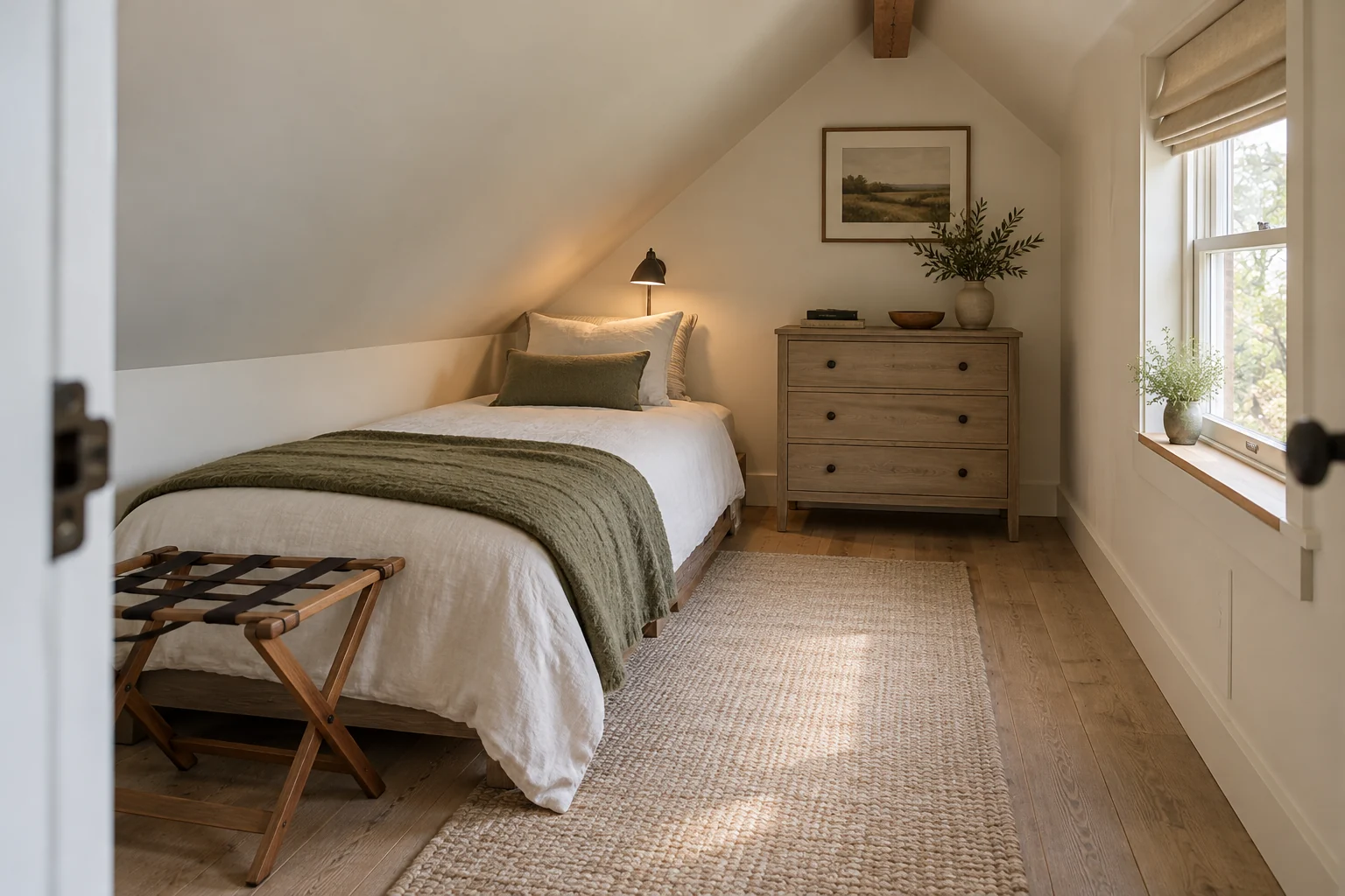 AI-generated interior concept: Single guest bed beside an attic slope, a folding luggage rack, small chest and side window.
