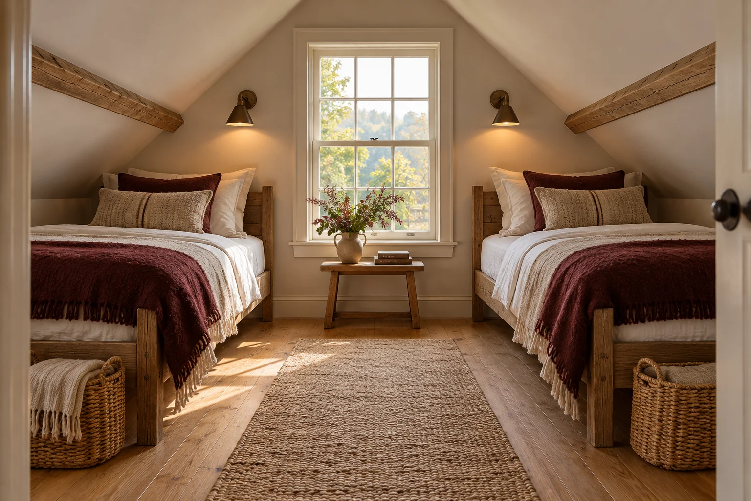 AI-generated interior concept: Two timber single beds below opposite attic slopes with a clear centre aisle and gable window.