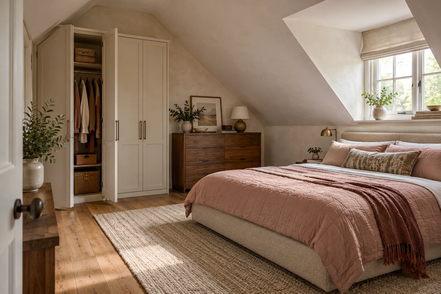 AI-generated interior concept: Cream wardrobe on a tall attic wall with one door open away from the rose-coloured double bed.