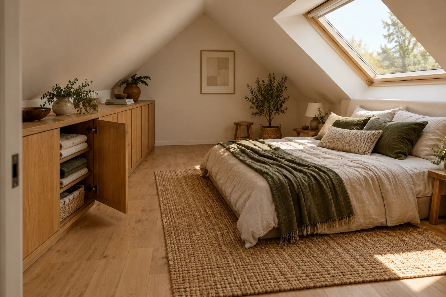AI-generated interior concept: Low oak eaves cabinet with an open linen cupboard opposite a double bed and a clear strip of floor.