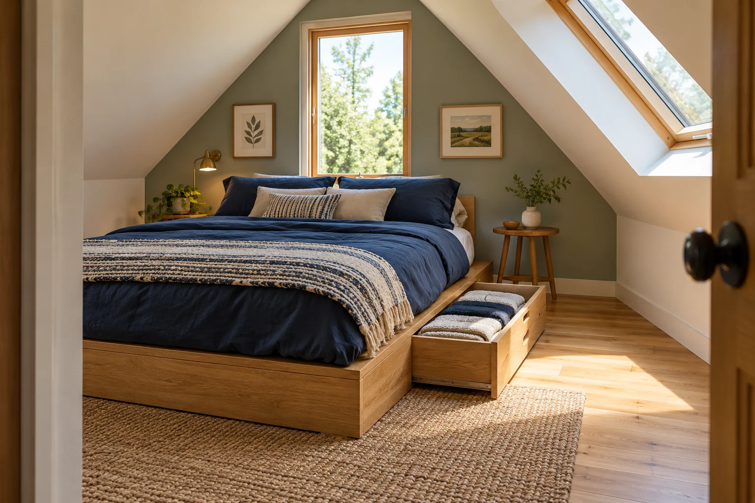 AI-generated interior concept: Oak platform bed with an extended linen drawer, blue bedding and floor beside the drawer.
