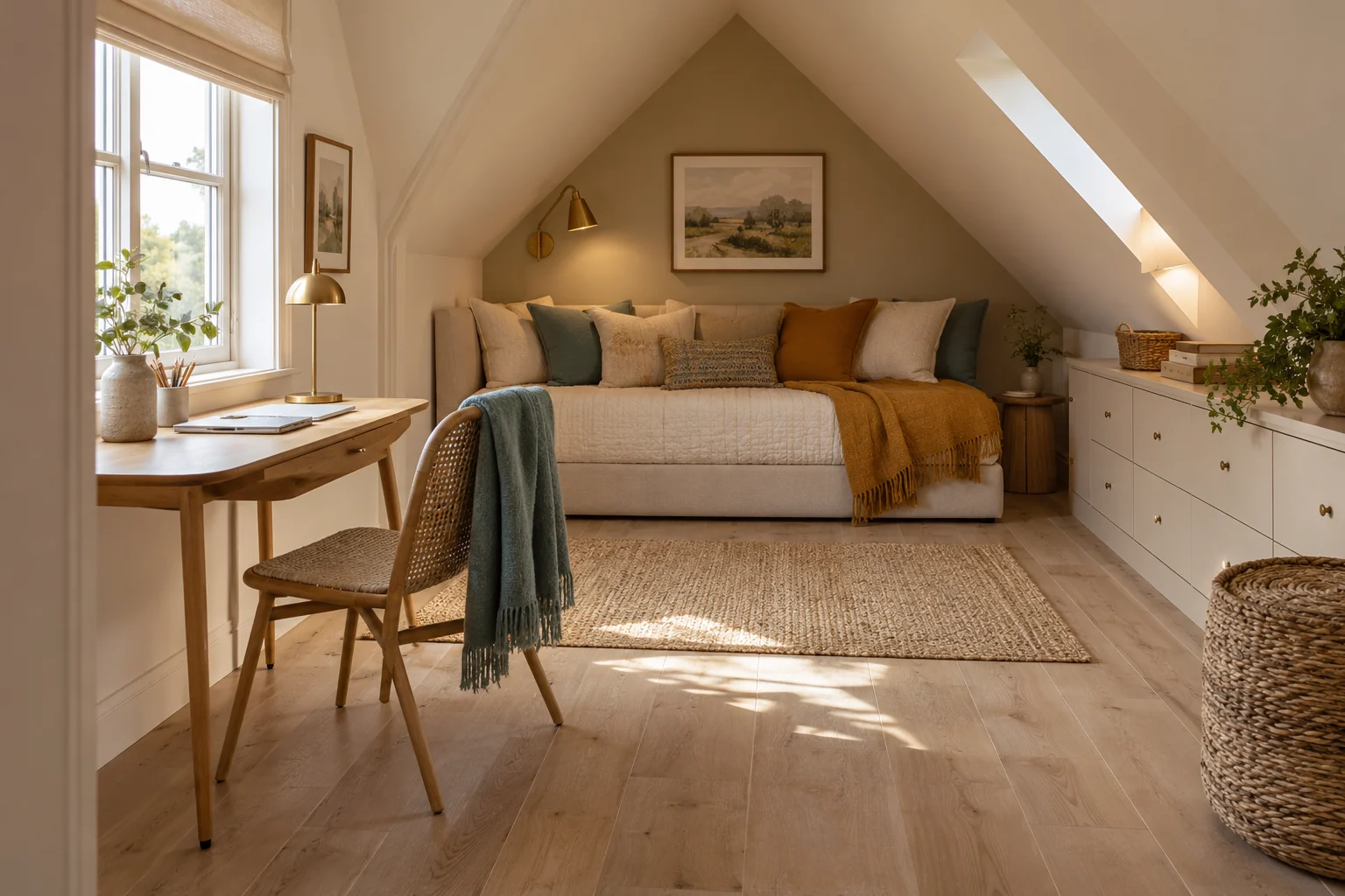 AI-generated interior concept: Cream daybed on an attic end wall, portable desk by a side window, chair and low linen drawers.