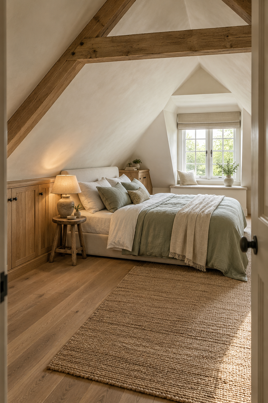 AI-generated attic-bedroom concept with sage linen, low eaves cupboards and a dormer window.