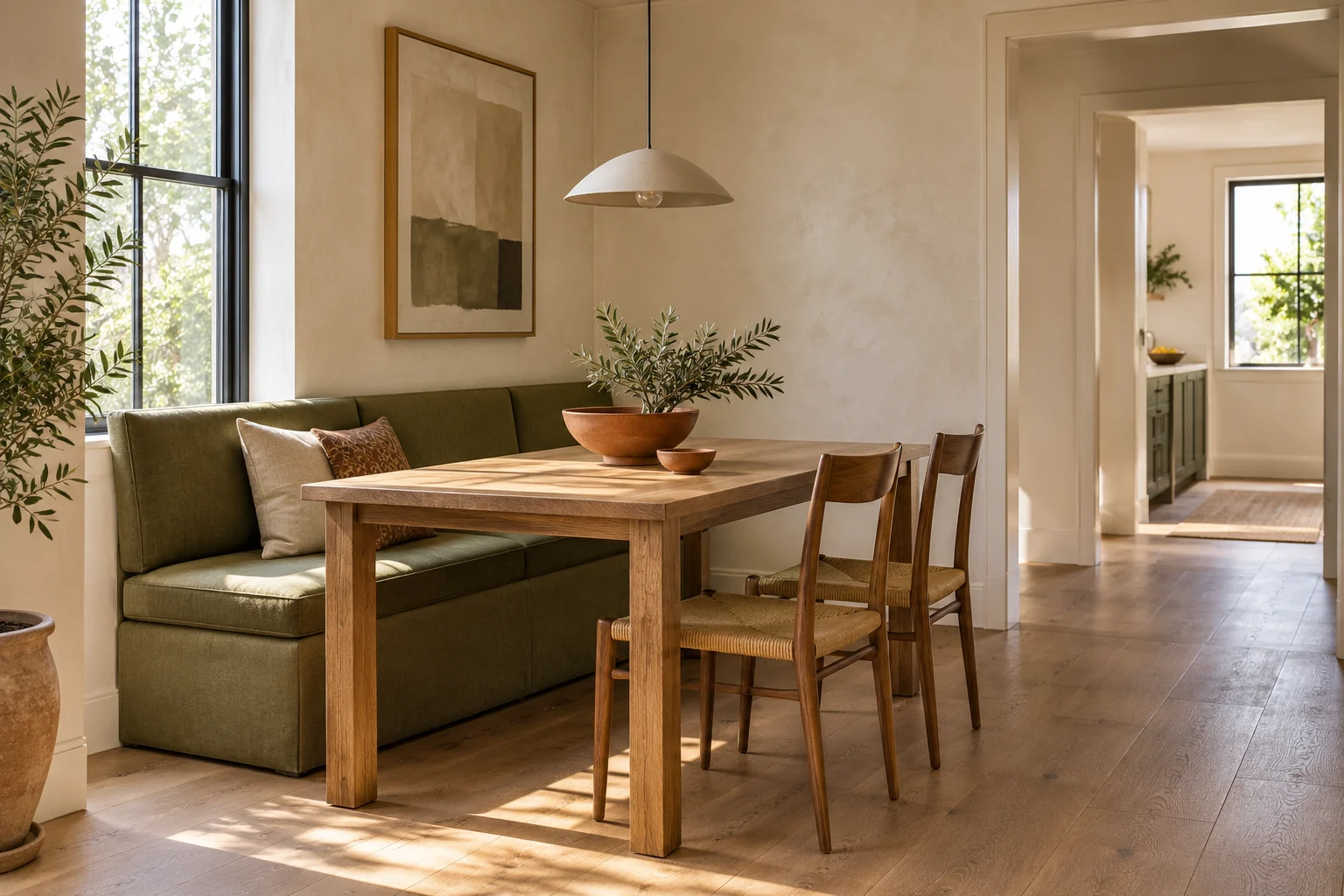 AI-generated interior concept: Straight olive upholstered wall bench, oak rectangular dining table, two chairs and a visible side aisle.