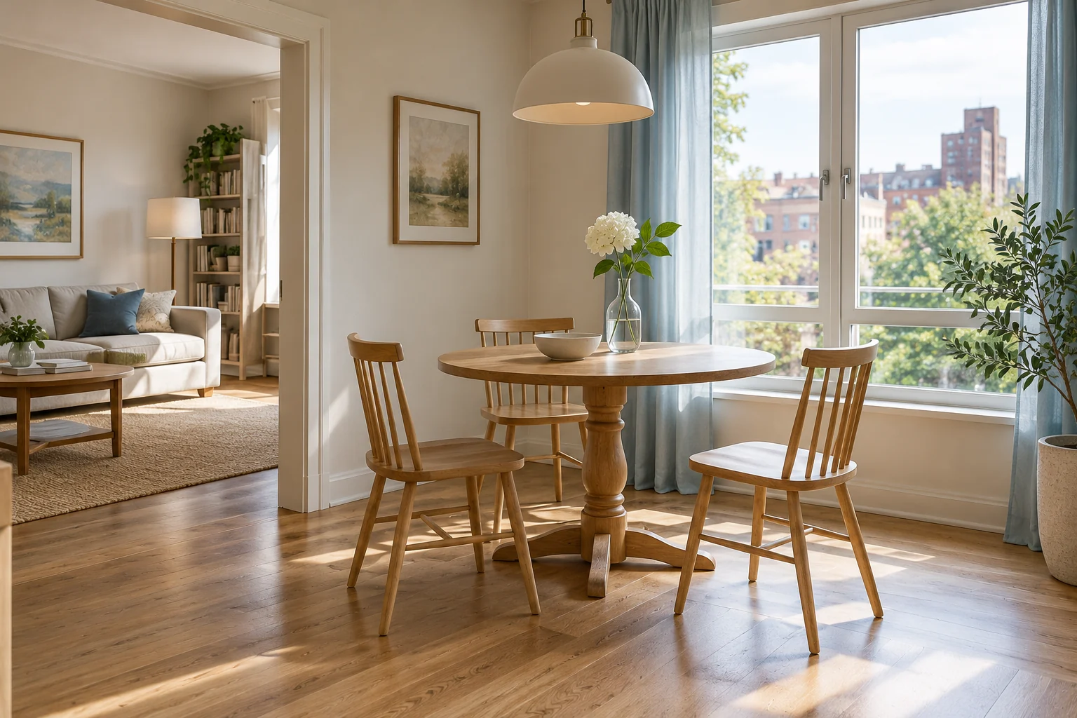 AI-generated interior concept: Round oak pedestal table with three spindle chairs in a window-side apartment dining corner.