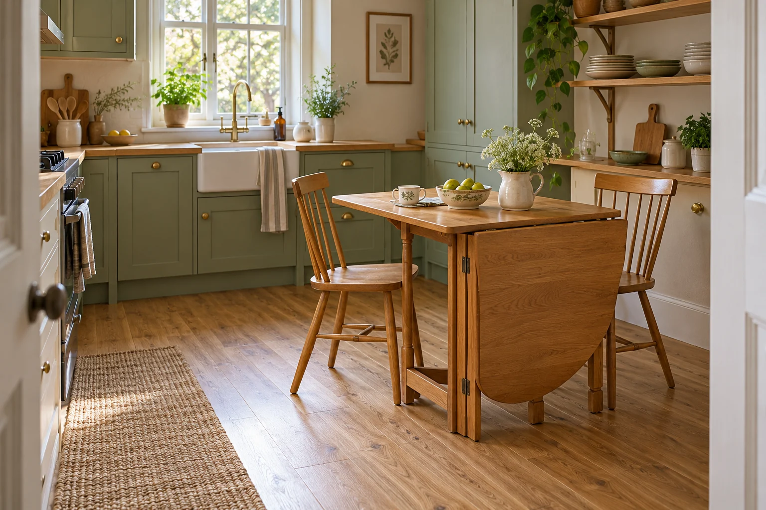 AI-generated interior concept: Timber drop-leaf kitchen table with one surface open and one leaf folded down, two chairs and sage cabinets.