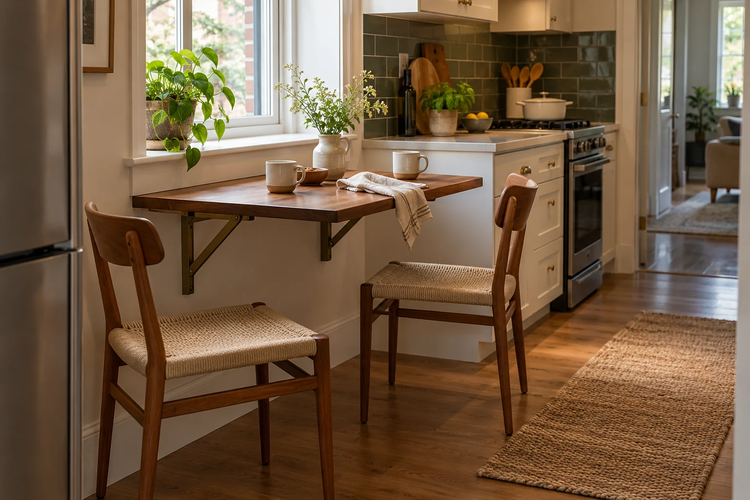 AI-generated interior concept: Open wall-mounted dining table supported by two brackets beneath a window, with two chairs and a kitchen route.