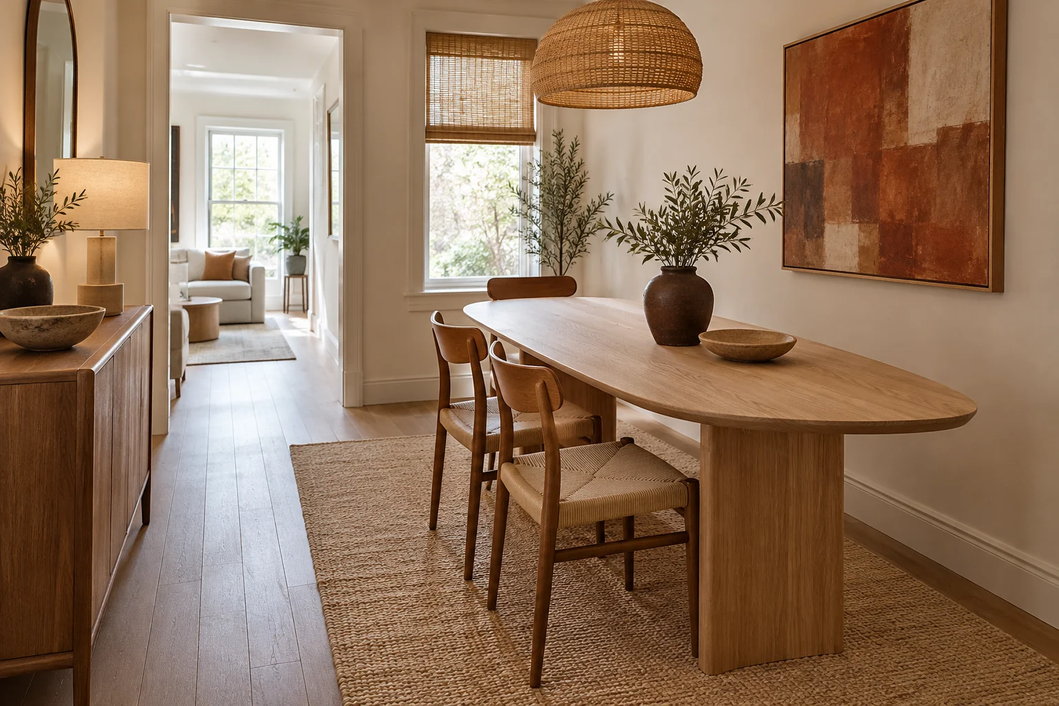 AI-generated interior concept: Slim oblong dining table along one wall with chairs on the open side and at the end, beside a walking route.