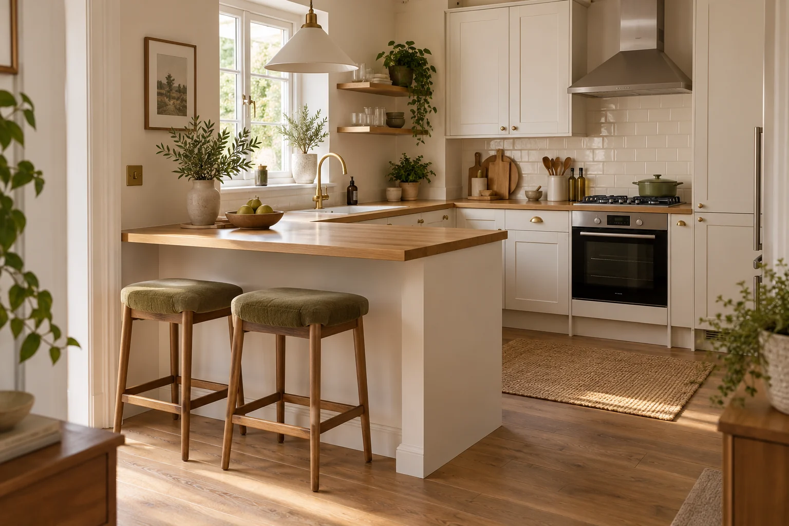 AI-generated interior concept: Oak-topped kitchen peninsula, two upholstered counter stools and cream cabinets around a cooking area.