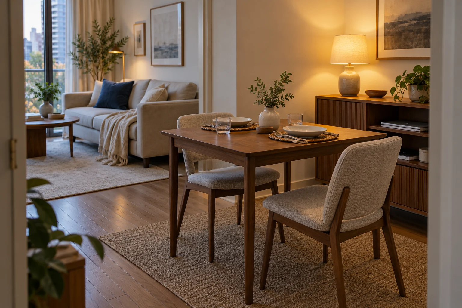 AI-generated interior concept: Two-place dining-work table, upholstered chairs and nearby storage holding a closed laptop and papers.