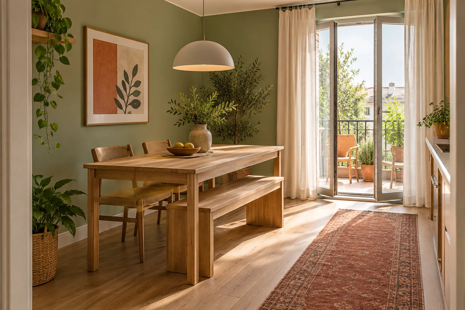 AI-generated interior concept: Rectangular oak dining table with a backless bench tucked beneath one side, chairs opposite and a balcony door.