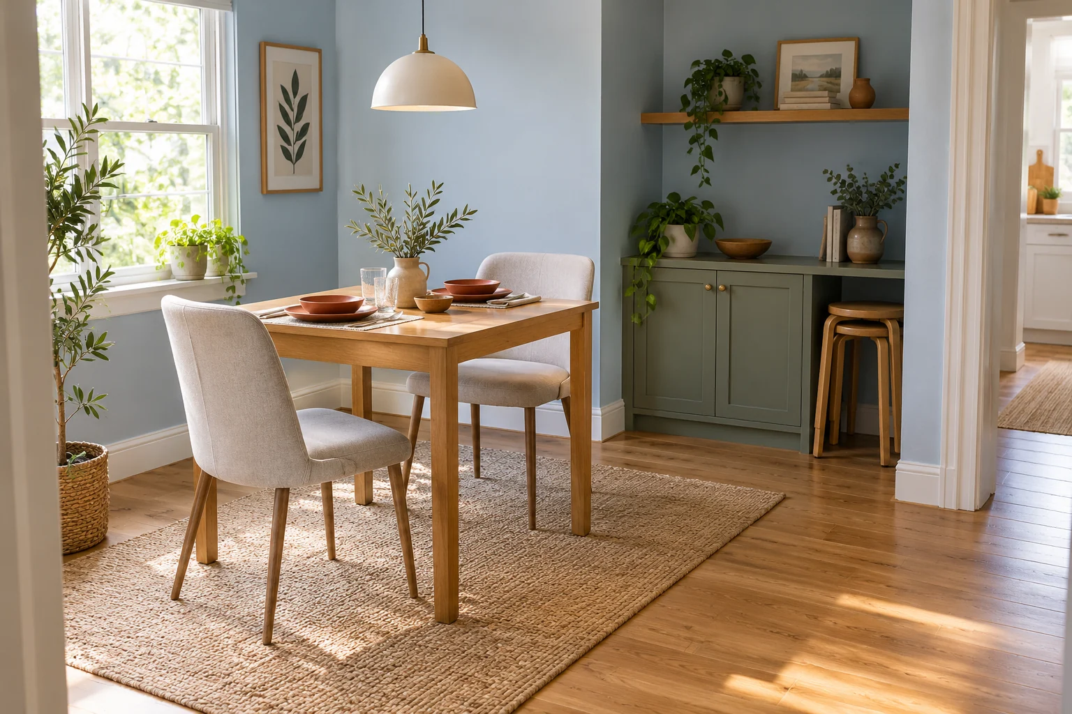 AI-generated interior concept: Small table set for two with upholstered chairs and two stacked stools parked in a cabinet alcove.