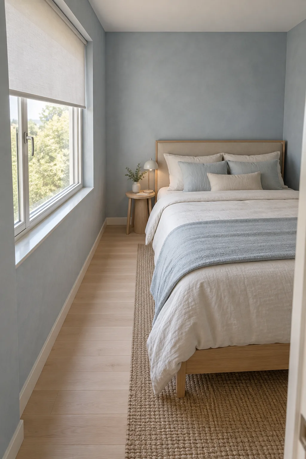 AI-generated room concept: A bed with its headboard on a solid wall beside a window and a clear floor lane for window access.