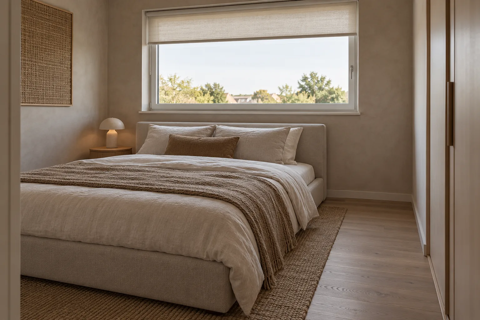 Low upholstered double bed below a broad high-sill window, with a cordless shade and an empty access lane to the right.