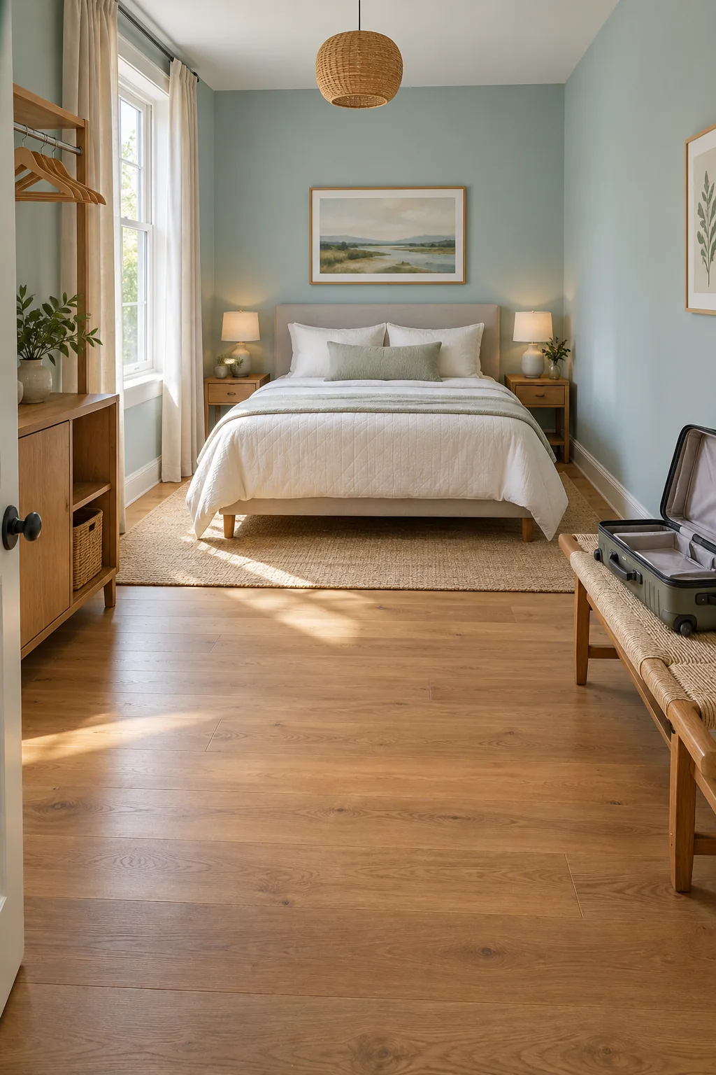 AI-generated room concept: Double guest bed on the rear wall, an open suitcase on a woven bench at the right, and empty hanging and shelf space on the left.