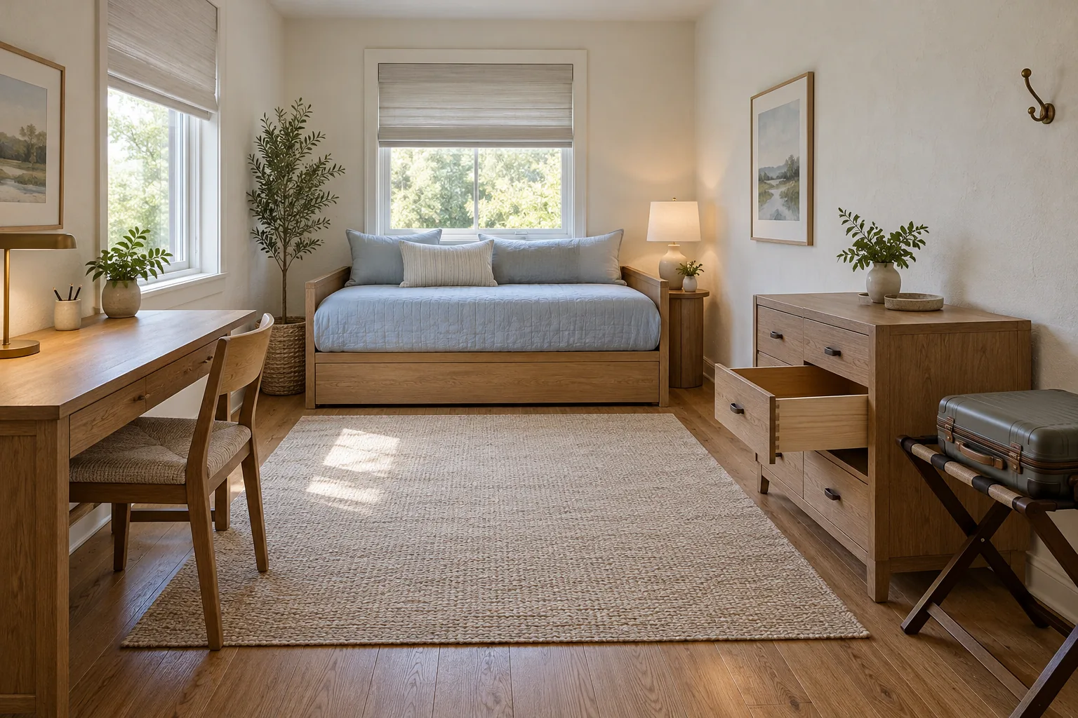 Single daybed at the back of a guest office, a desk on the left, and an open dresser drawer with a suitcase on a stand on the right.