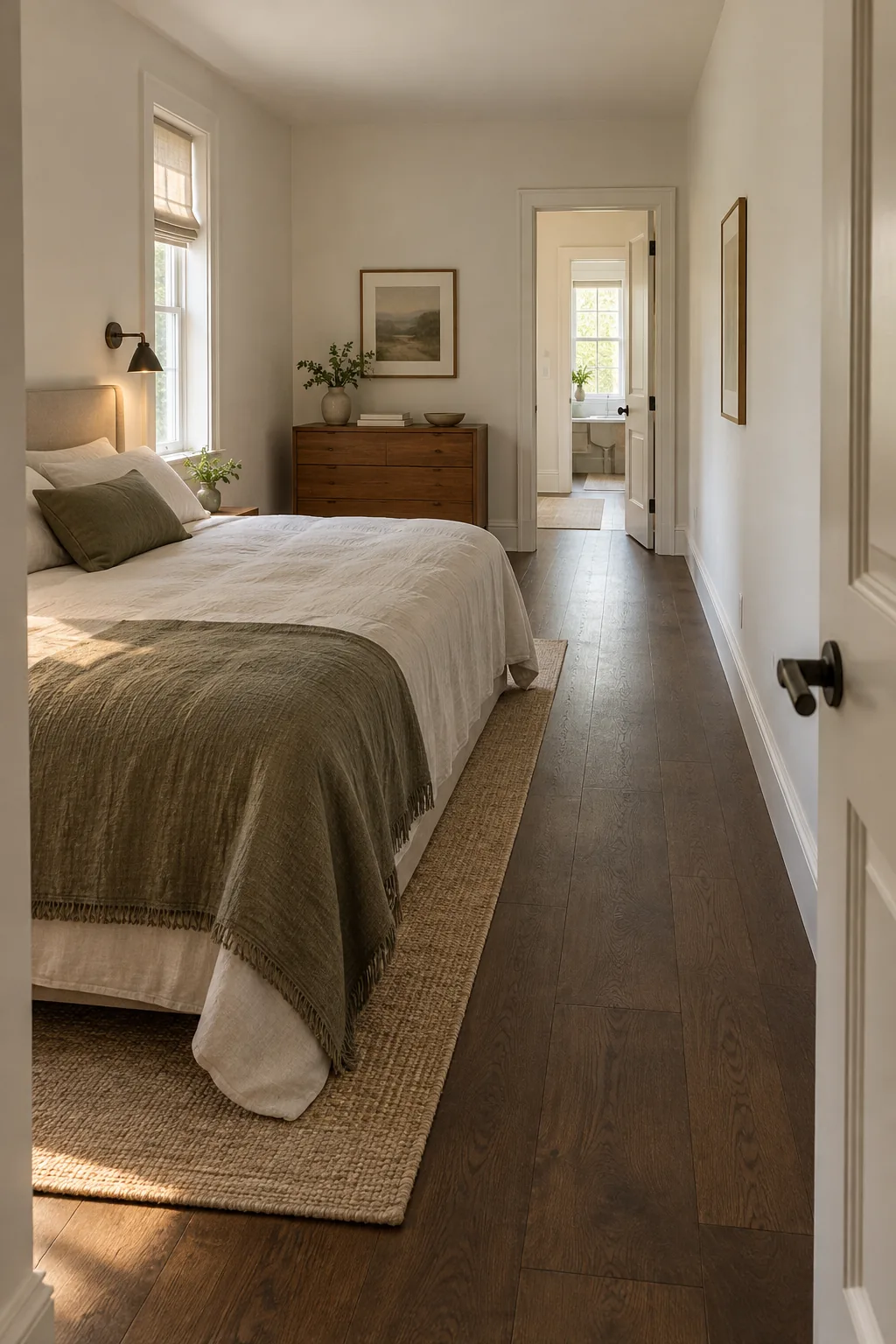 AI-generated room concept: A narrow bedroom with a double bed on the left, a shallow chest beyond it and a clear right-hand lane between the near and far doorways.
