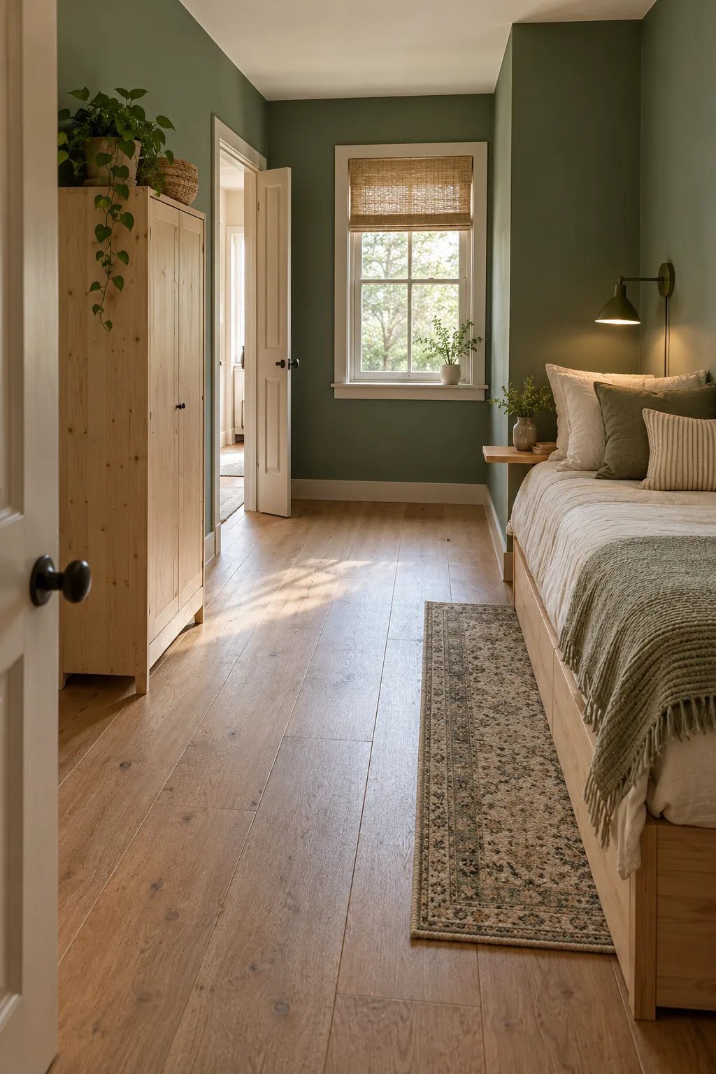 Single adult bed on the right opposite a slim pine clothes cabinet, with an open floor route connecting two left-side doorways.