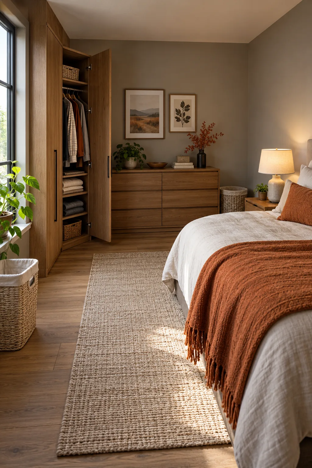 AI-generated room concept: Adult bedroom with a double bed on the right, a hanging wardrobe on the left and a low dresser on the rear wall forming separate storage zones.