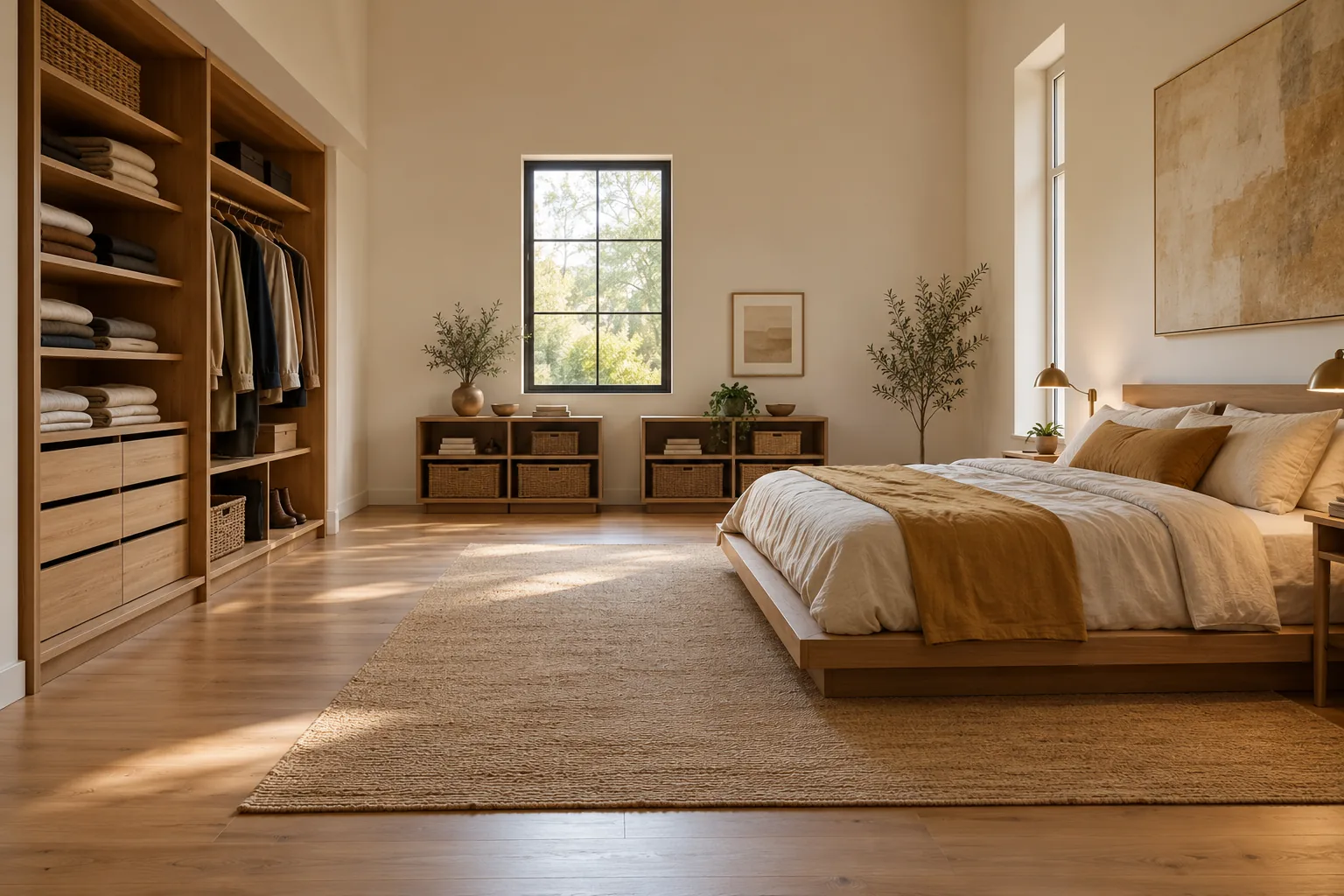 Double bed on the right opposite a storage wall with a folded-clothes bay, a hanging bay and low cabinets at the far wall.