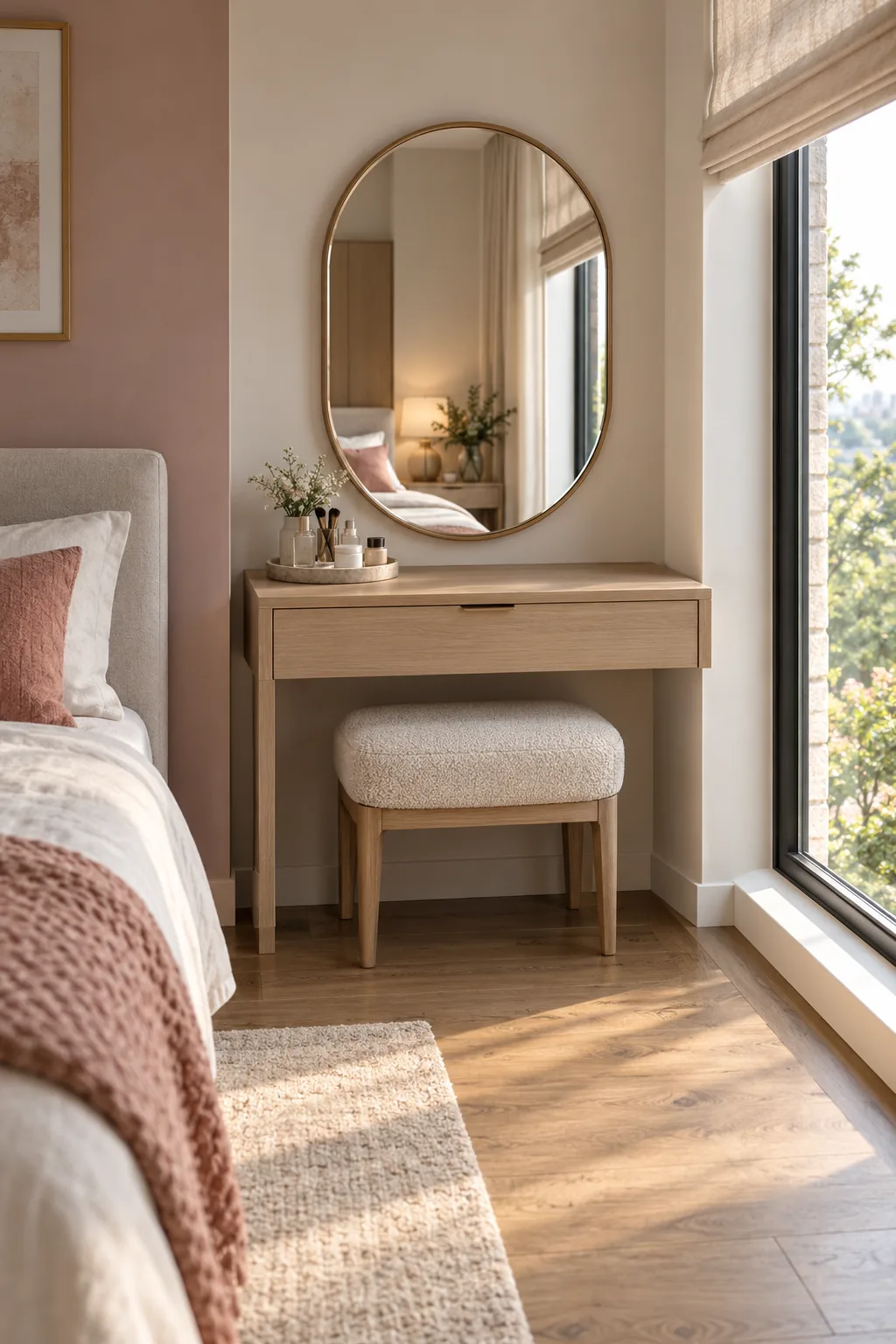 AI-generated room concept: Compact oak dressing table beside a window with an oval mirror, a small tray and a padded stool tucked beneath the clear knee opening.