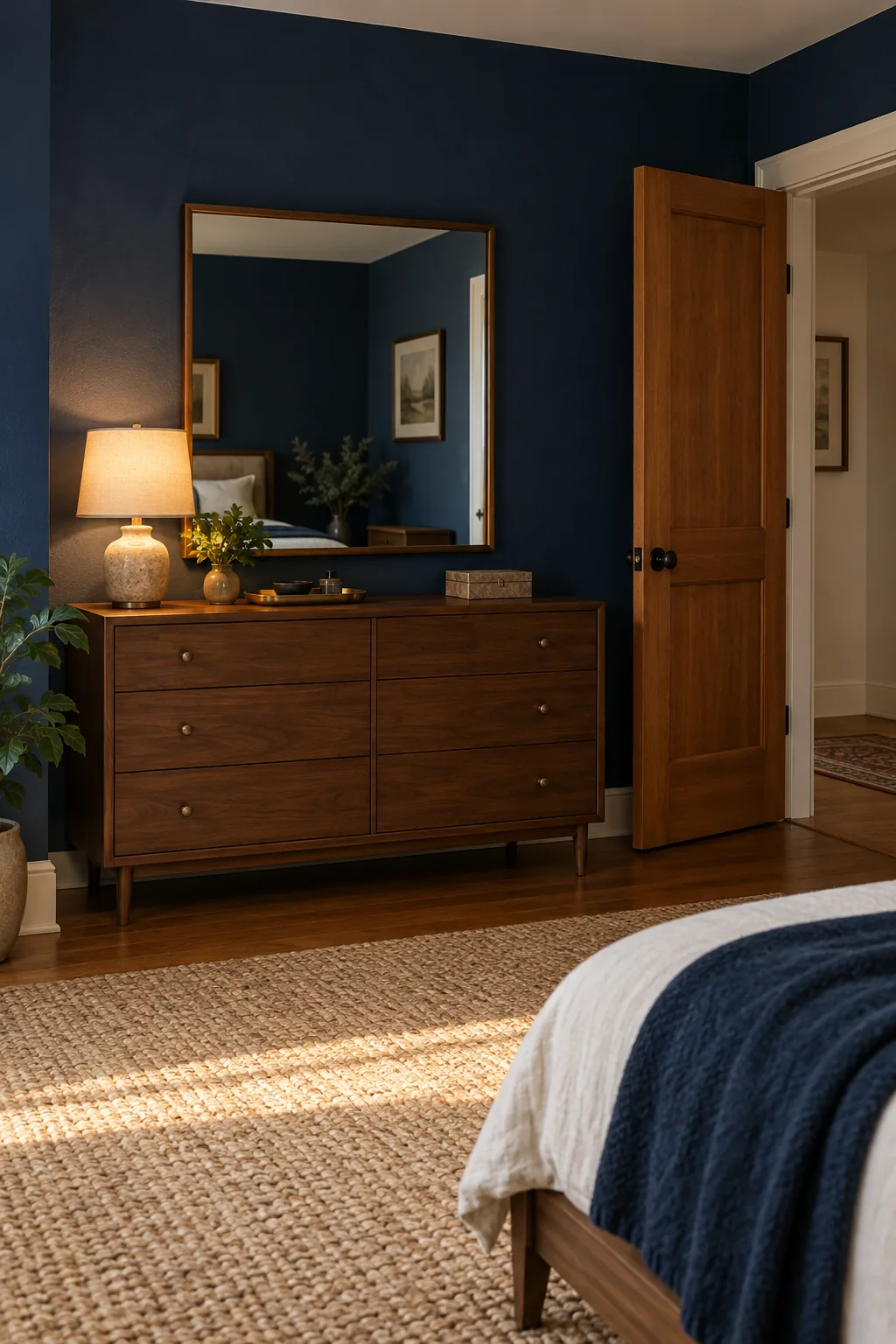 Walnut dresser against a navy bedroom wall with a rectangular mirror, a small lamp, a tray and clear standing space beside the open door.