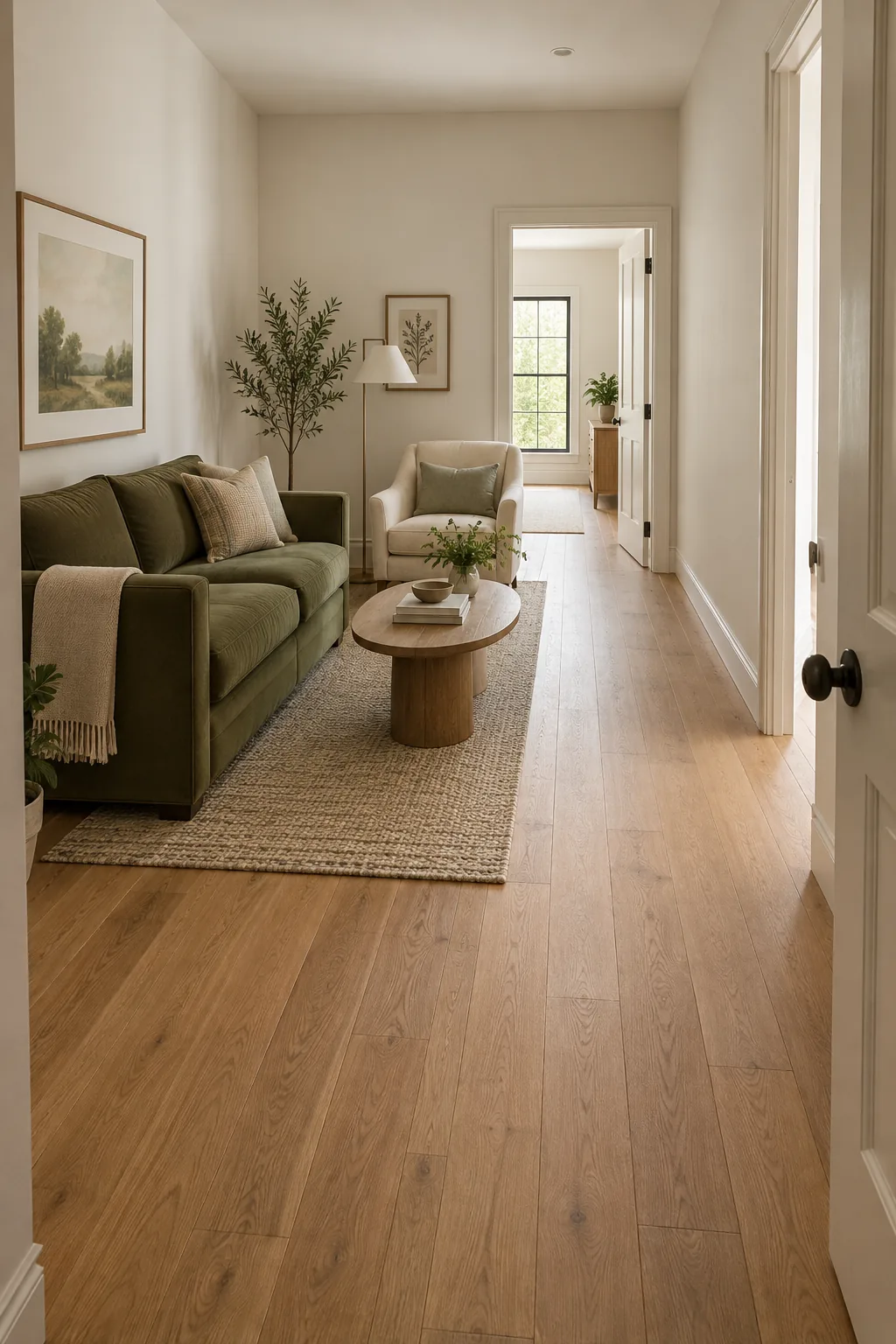 AI-generated room concept: Green compact sofa and armchair grouped on the left of a narrow living room, leaving a clear right-hand lane between two open doorways.